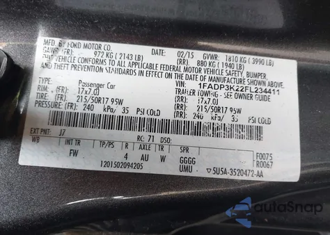 2015 Ford Focus Se из США, поврежденный, VIN 1FADP3K22FL234411